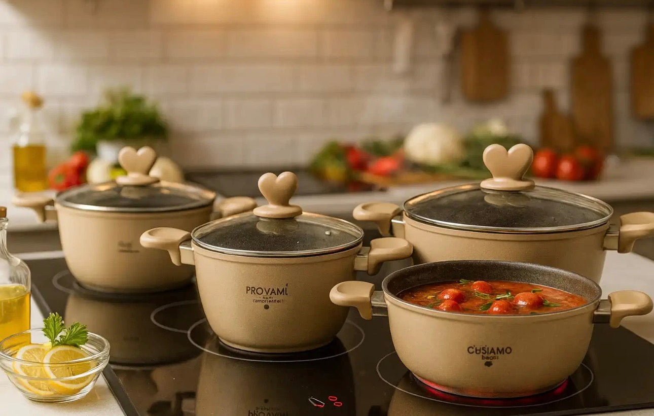 DGBavaria Lovely Set 13 Pezzi Pentole Pietra Crema Coperchi Cuore con Mestoli