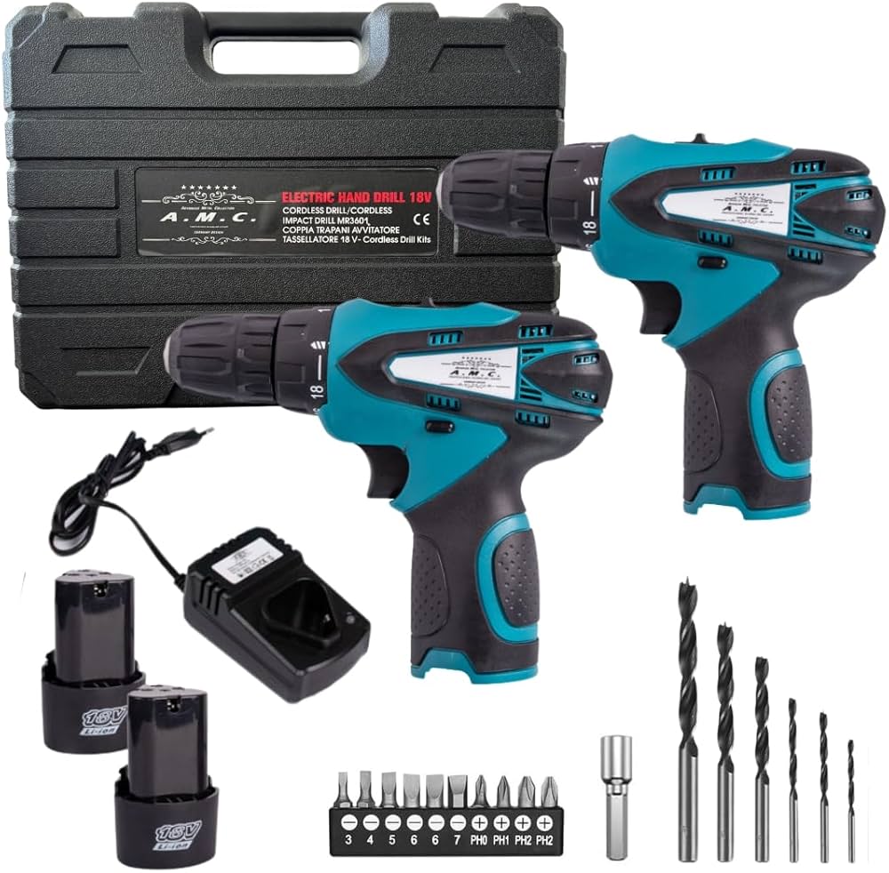 Trapano avvitatore a batteria AMC Professional 18V con 2 batterie, 2 velocità, 17 accessori, luce LED, mandrino autoserrante con impugnatura ergonomica, per il fai da te