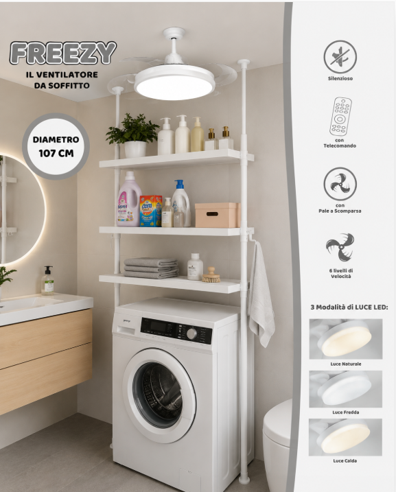 Ventilatore da Soffitto con Luce LED e Telecomando 107 cm – 6 Velocità, Pale a Scomparsa, Design Moderno Bianco