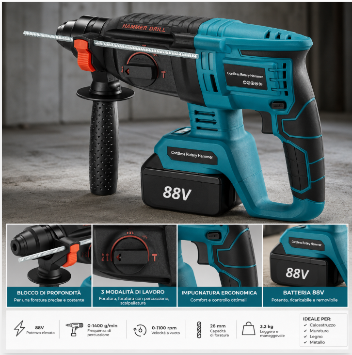 Tassellatore Brushless Scalpellatore 88v con Accessori