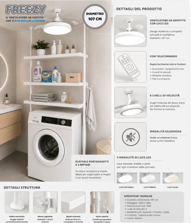 Ventilatore da Soffitto con Luce LED e Telecomando 107 cm – 6 Velocità, Pale a Scomparsa, Design Moderno Bianco