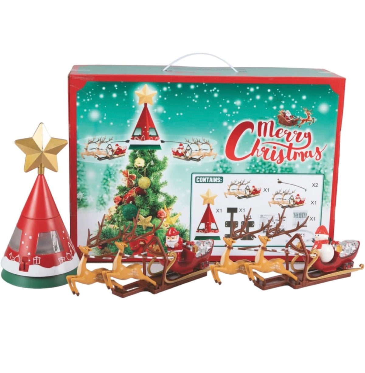 Puntale Rotante per Albero di Natale con Stella e Slitta di Babbo Natale con MOVIMENTO 65 cm Giostrina Natalizia Puntale con LUCI LED Fuori Porta Coccarda Ghirlanda addobbo Dorato Metallizzato 16 cm 1
