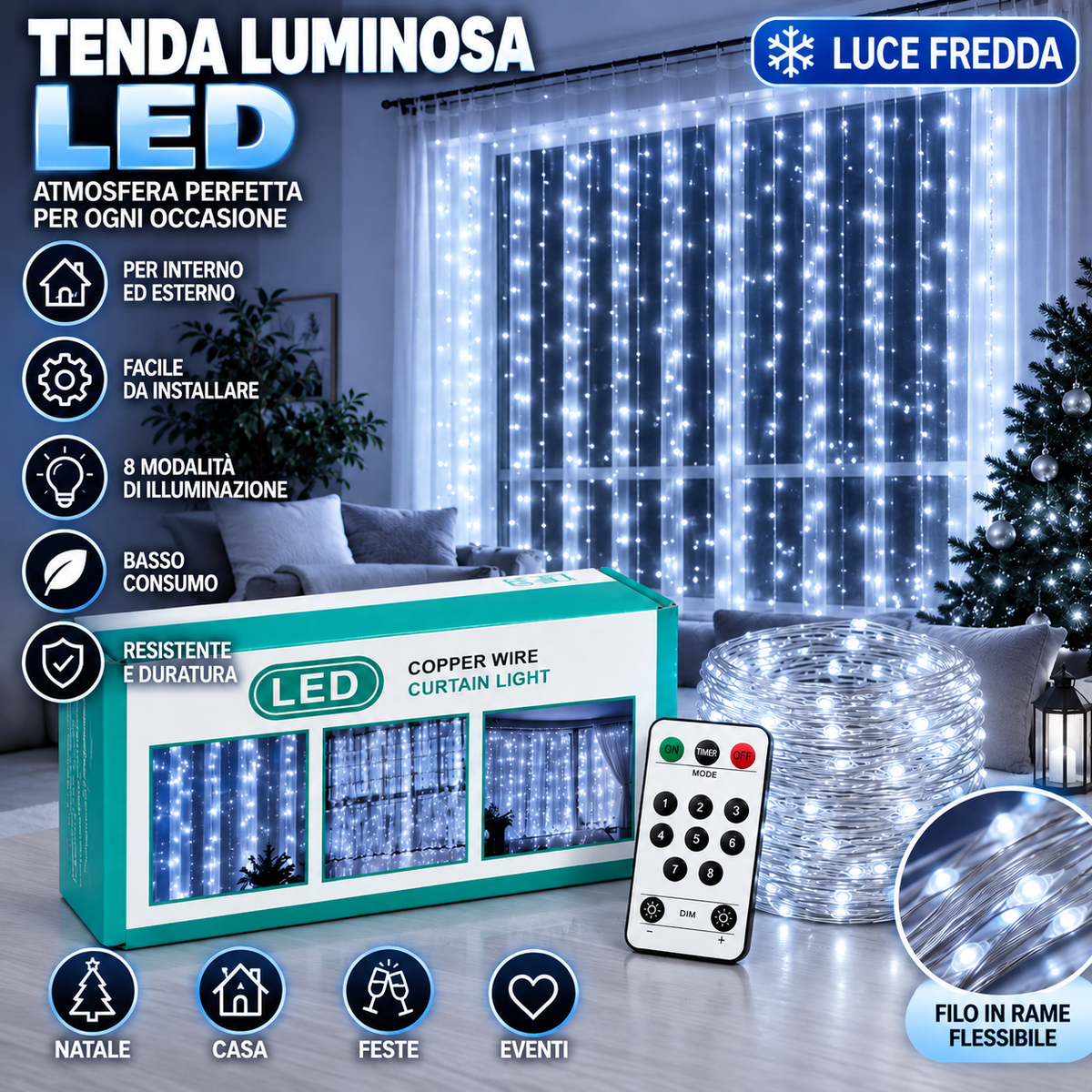 3 Pezzi di Tenda Luminosa LED 3×3 metri – Luce Calda / Luce Fredda