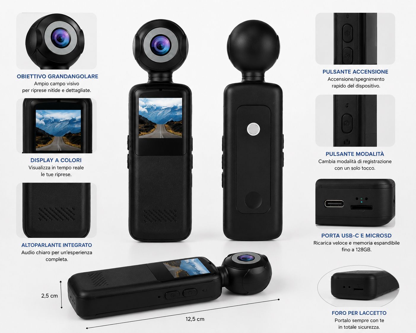 Mini Camera Sportiva Portatile 360° con Display e WiFi 5