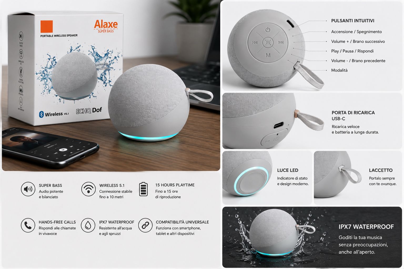 Speaker Bluetooth Compatto con LED RGB e Audio HD