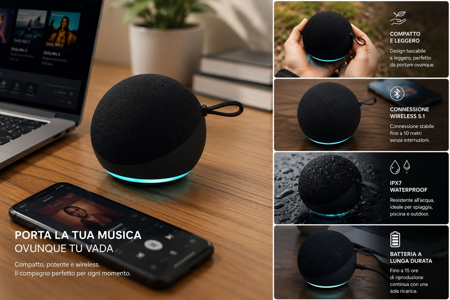 Speaker Bluetooth Compatto con LED RGB e Audio HD 3