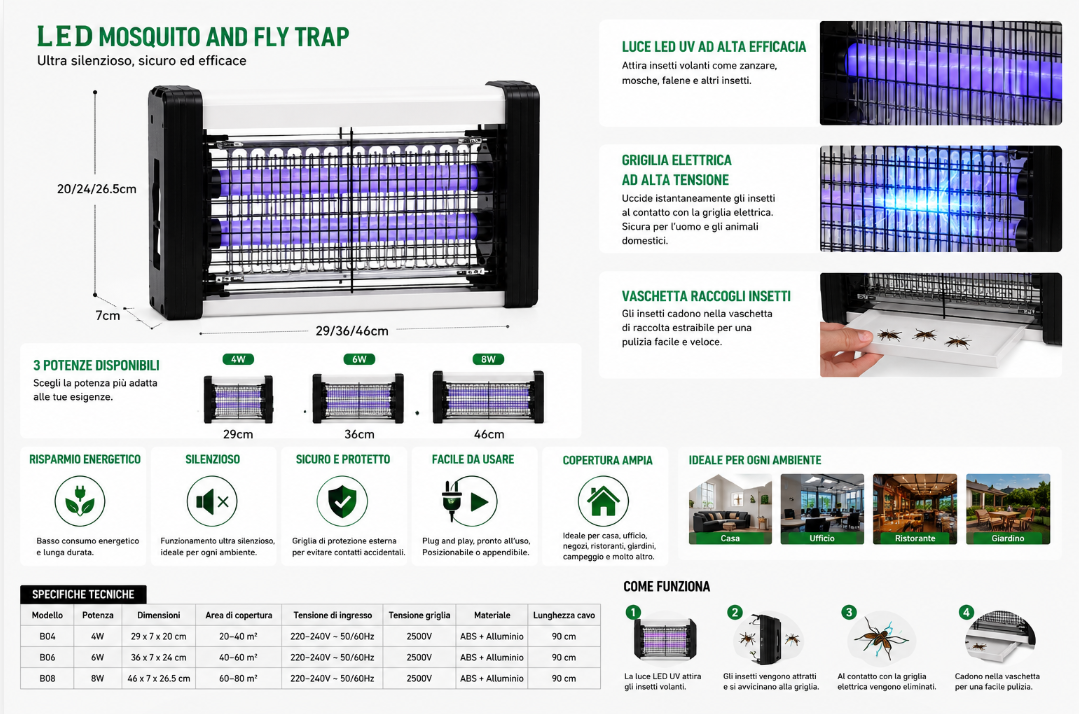 Lampada Antizanzare Elettrica LED UV 4W / 6W / 8W – Elimina Zanzare e Insetti Volanti, Silenziosa e a Basso Consumo 6