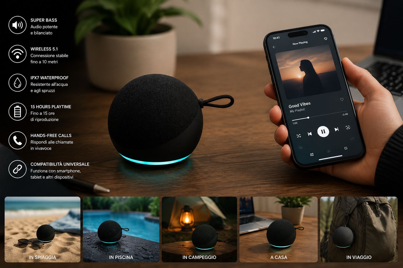 Speaker Bluetooth Compatto con LED RGB e Audio HD 4