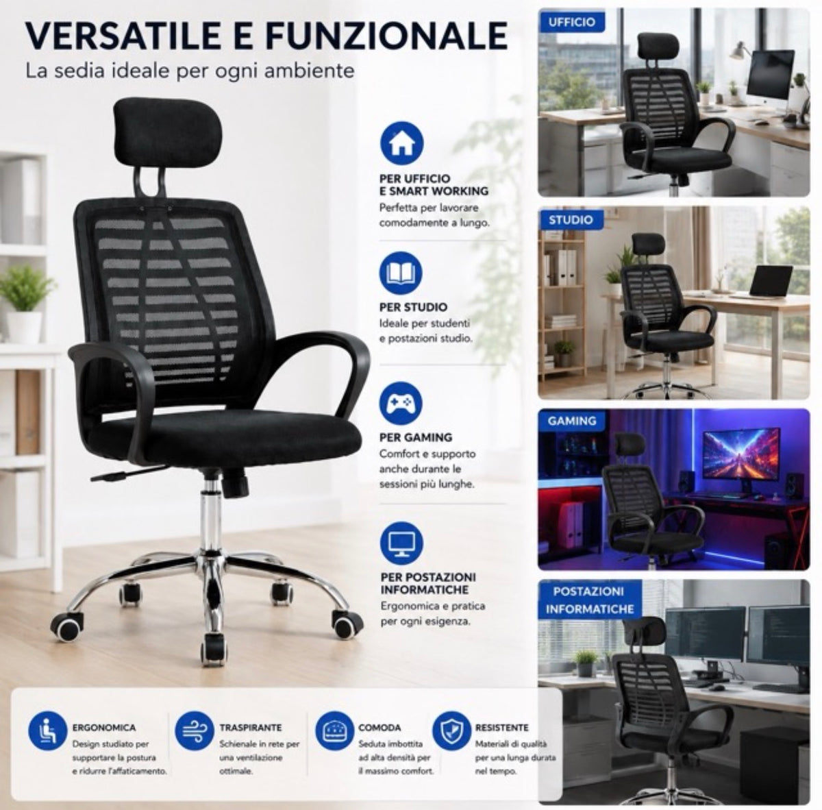 Sedia da Ufficio Ergonomica con Poggiatesta Regolabile Seduta Imbottita Poltrona 4