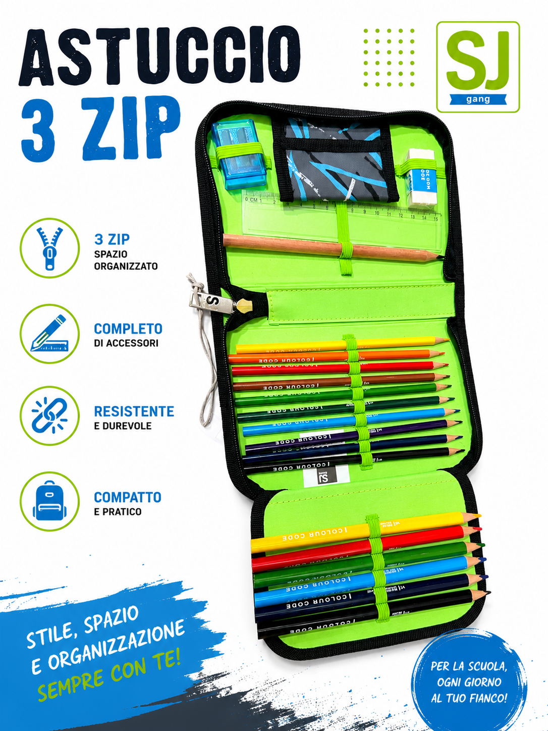 SJ Gang Astuccio 3 Zip Completo – Portapenne Scuola con Matite Colorate, Matita, Gomma, Temperino e Righello – Astuccio Organizzato per Scuola Elementare e Media 3