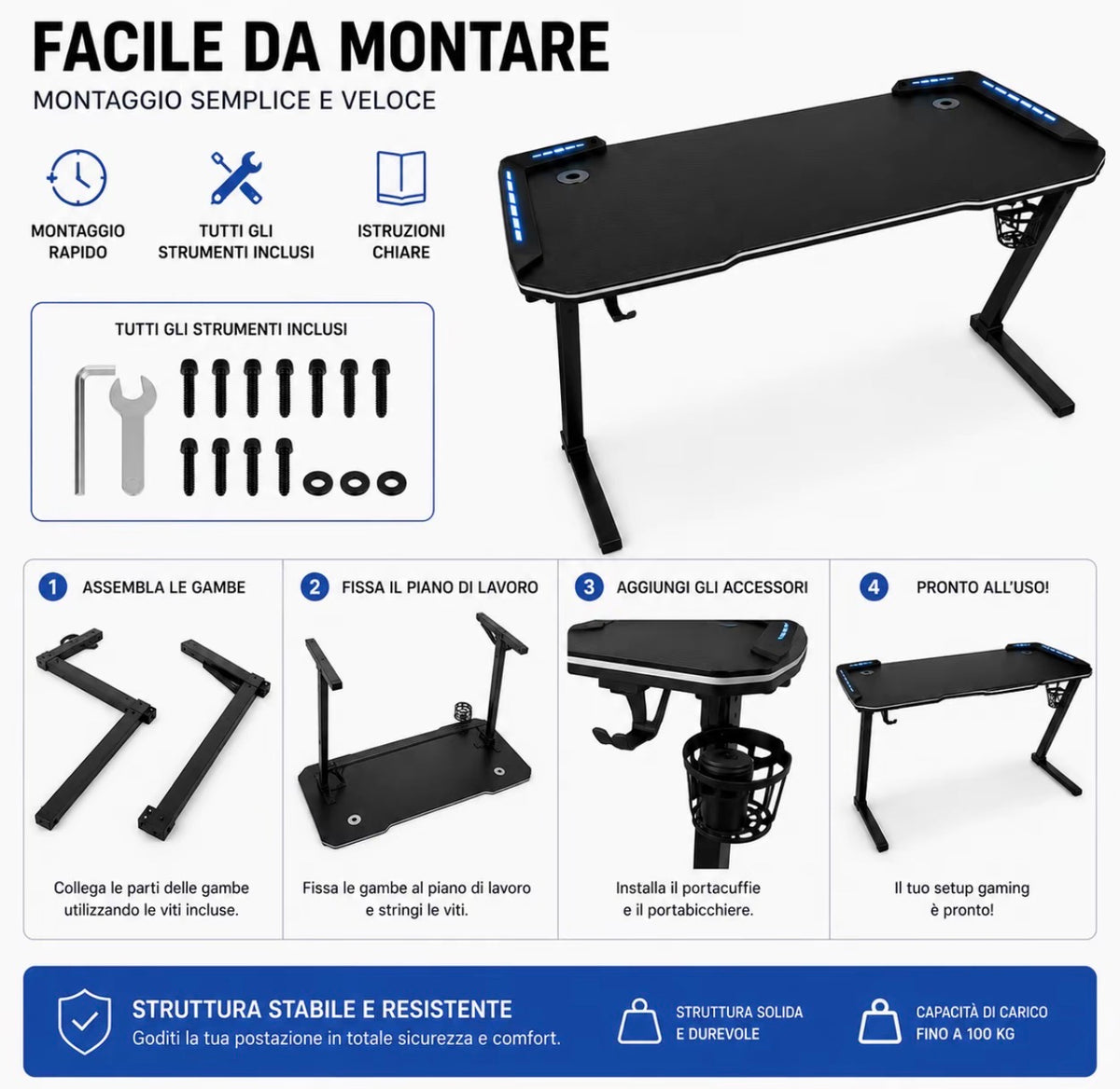 Scrivania Gaming 120x60 cm con Luci LED RGB, Tavolo da Gaming per PC e Console, Struttura in Acciaio, Portacuffie e Portabicchieri, 2 Passacavi, Capacità di Carico 100 kg 5