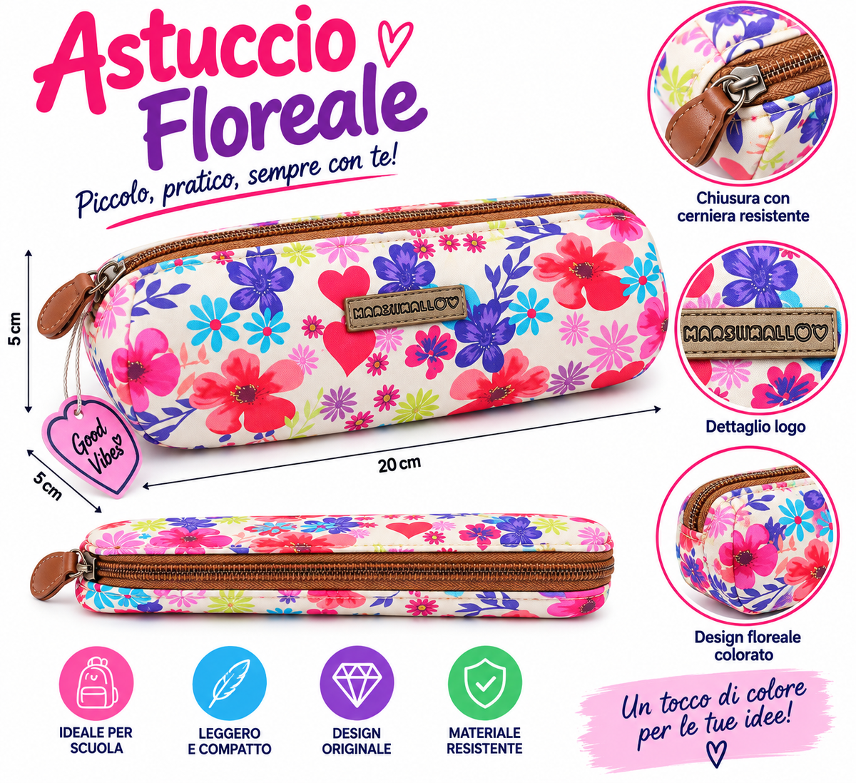Astuccio Portapenne Floreale con Cerniera – Compatto e Colorato, Ideale per Scuola e Ufficio