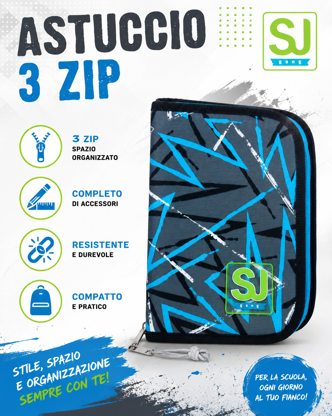 SJ Gang Astuccio 3 Zip Completo – Portapenne Scuola con Matite Colorate, Matita, Gomma, Temperino e Righello – Astuccio Organizzato per Scuola Elementare e Media 1