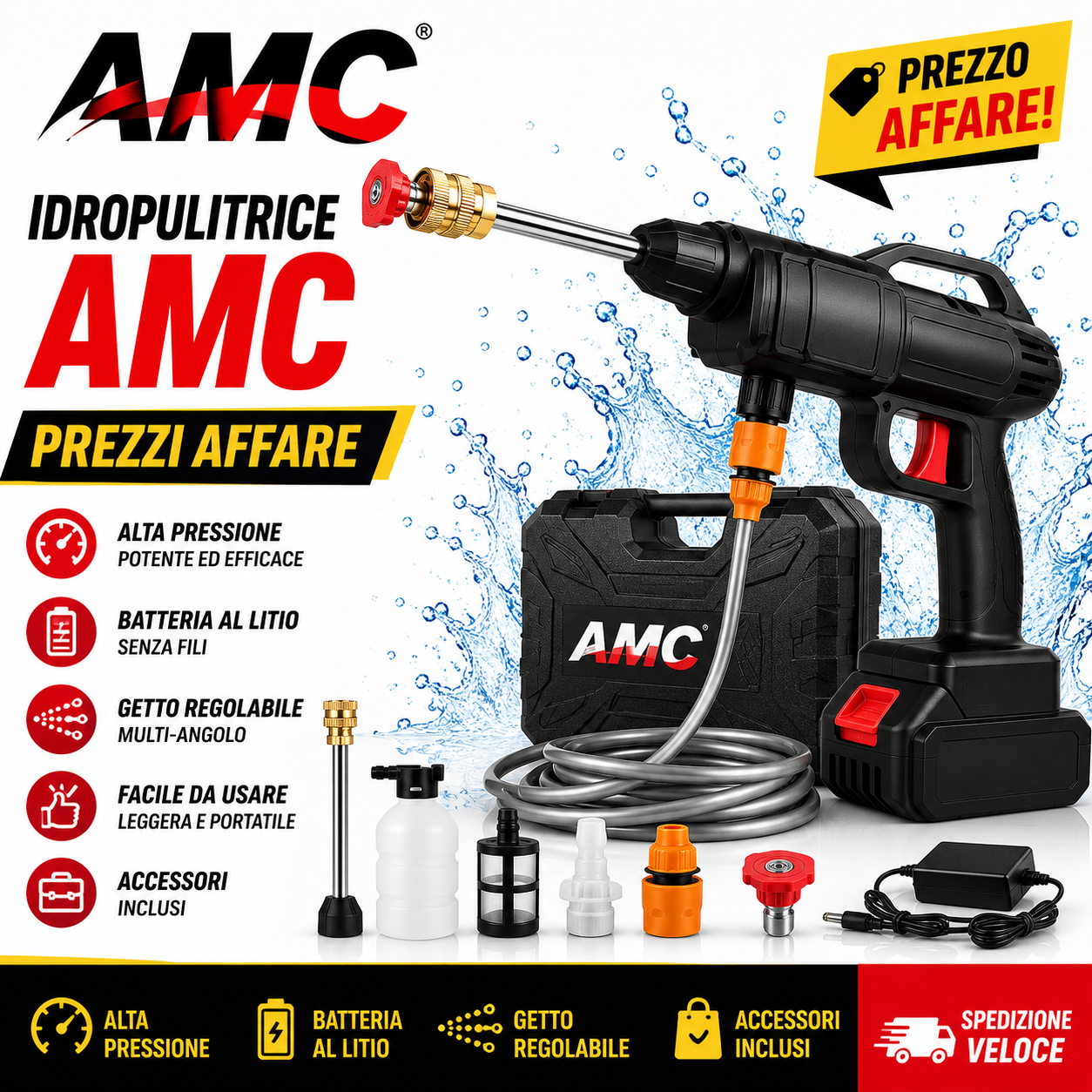 Amc Idropulitrice a batteria Professionale 42V portatile 2 batterie 8000mAh tubo 5MT 1