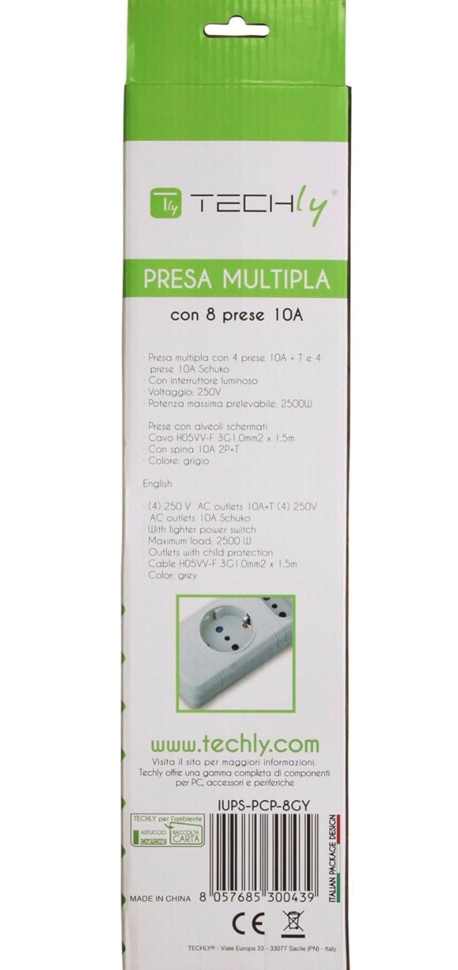 Techly 300439 Multipresa 8 Posti Italiana 10A / Schuko Grigio Grigio 8
