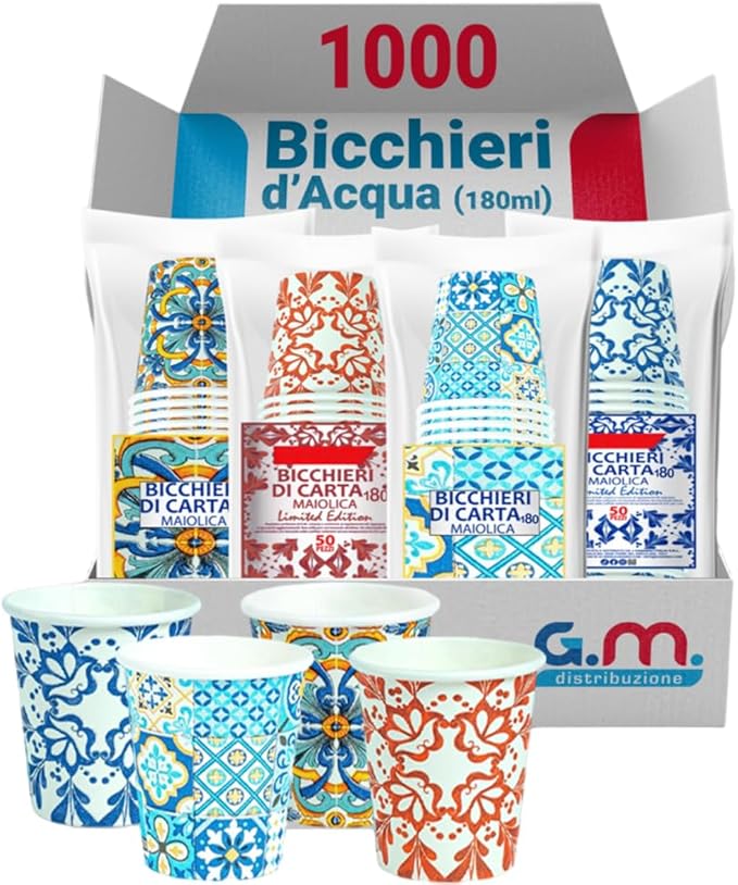 1000 Bicchieri Carta 180ml Fantasia Maiolica Stampata | Monouso Resistenti