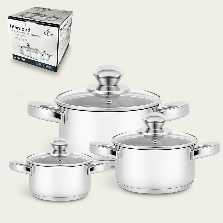Set 3 Pentole Diamond 12/14/16 due manici in acciaio inox con coperchi - Arca