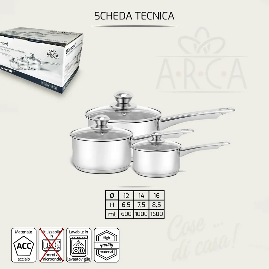 Set 3 Pentole Diamond 12/14/16 un manico in acciaio inox - Arca