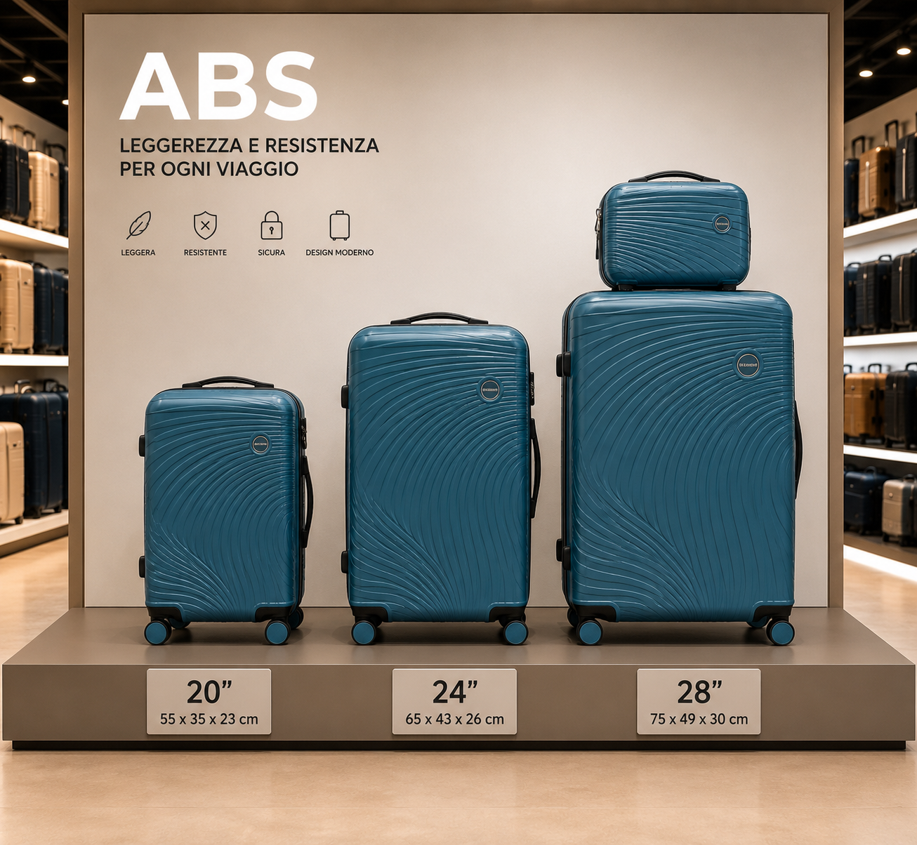 Set Completo Valigie Viaggio 4 Pezzi ABS Rigido con Beauty Case e Trolley Cabina