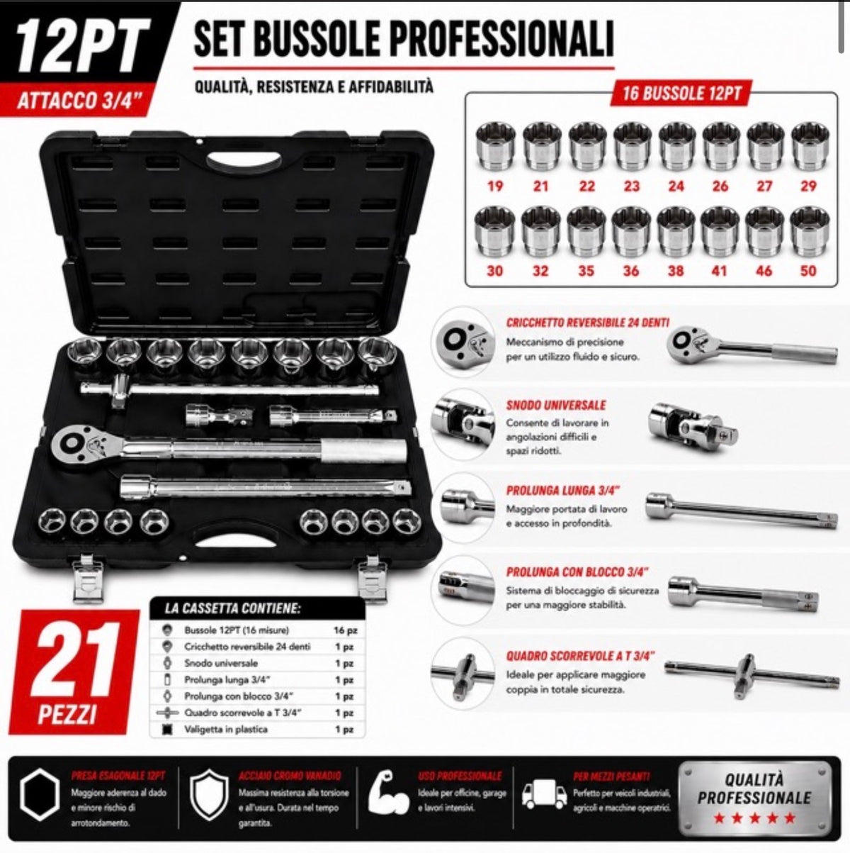 Set Bussole 21 Pezzi 3/4 12 Punte Professionale, Chiavi a Bussola in Acciaio 4