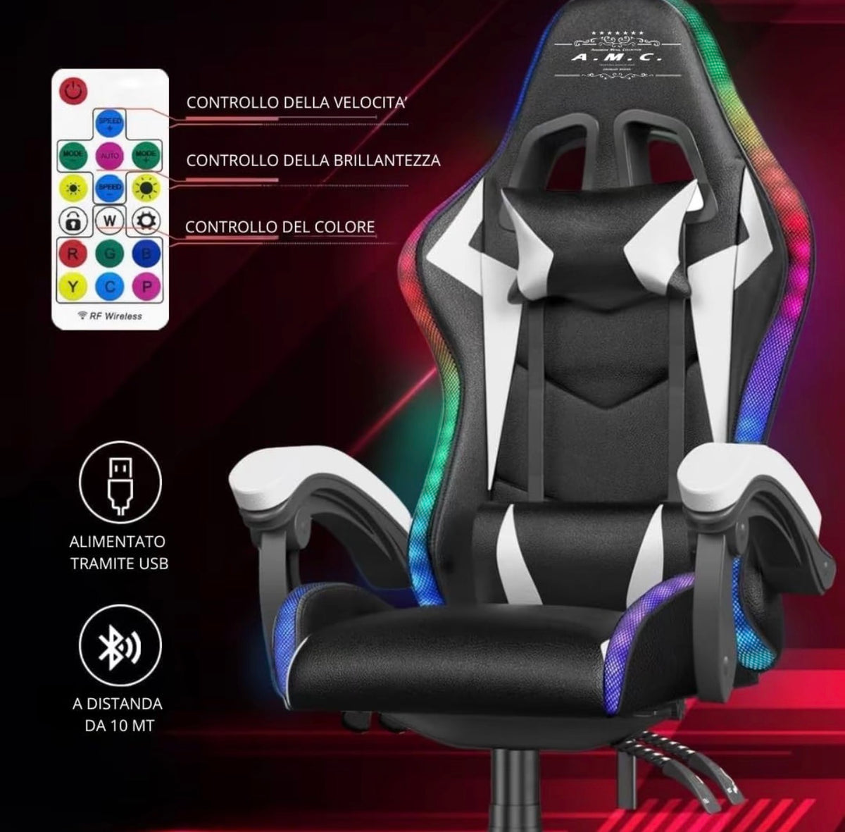 Sedia Gaming RGB LED con Telecomando, Poltrona da Gaming Ergonomica per PC e Console, Altezza Regolabile, Cuscini Lombare e Cervicale, Braccioli, Base Girevole 360°, USB 5