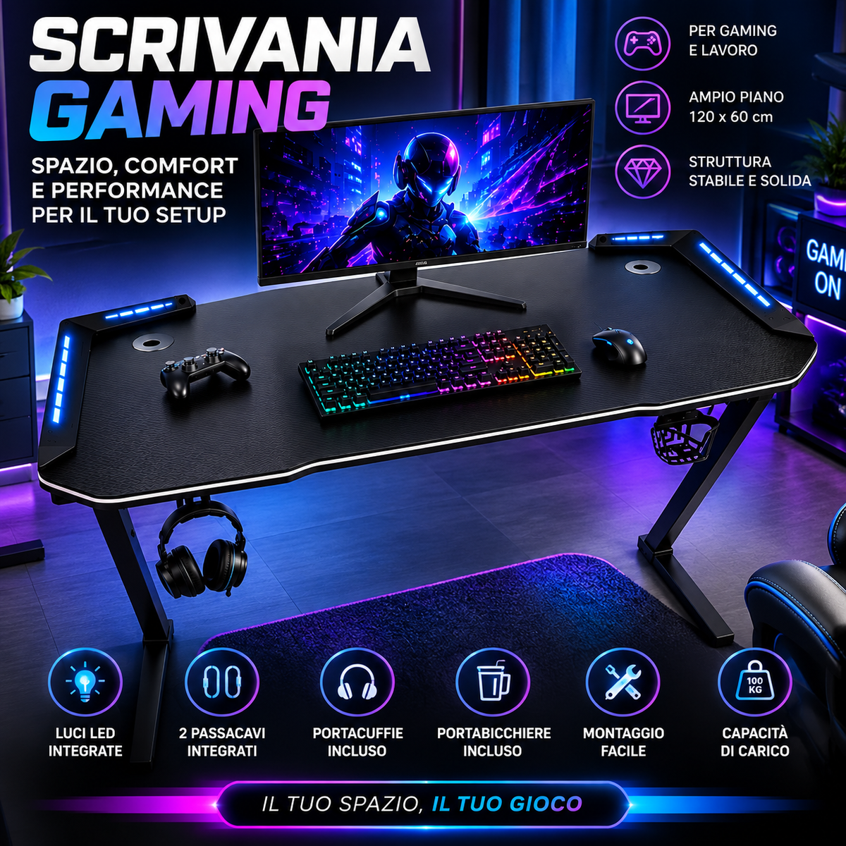 Scrivania Gaming 120x60 cm con Luci LED RGB, Tavolo da Gaming per PC e Console, Struttura in Acciaio, Portacuffie e Portabicchieri, 2 Passacavi, Capacità di Carico 100 kg 1