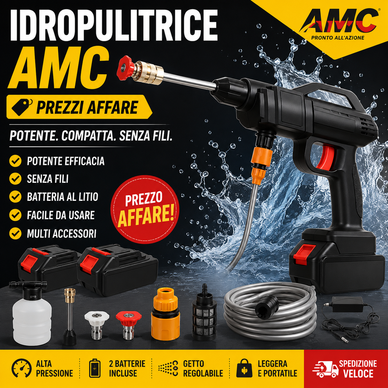 Amc Idropulitrice a batteria Professionale 42V portatile 2 batterie 8000mAh tubo 5MT 2