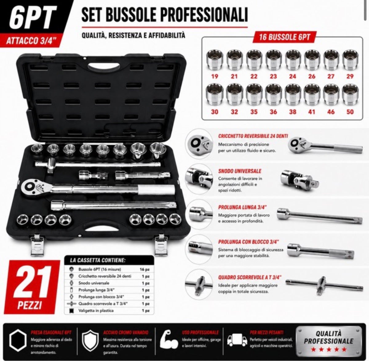 Set Bussole 21 Pezzi 3/4 6 Punte Professionale, Chiavi a Bussola in Acciaio
AMC CODICE: CHIAVI-6PT 4