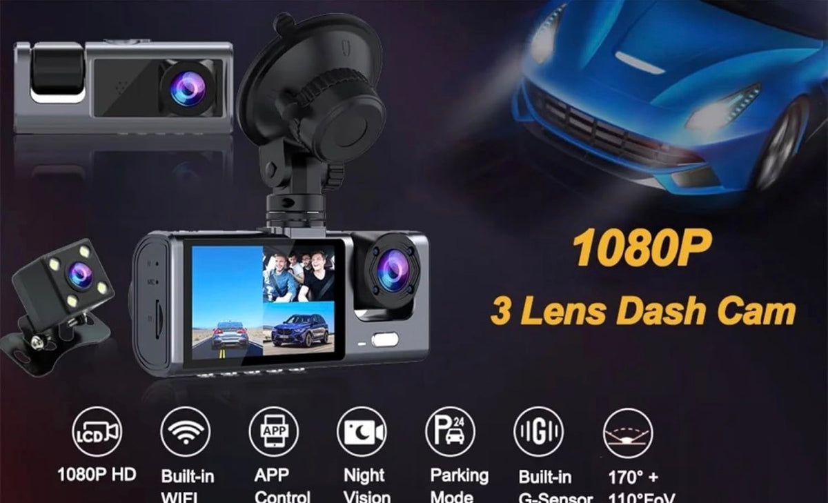 Dash Cam per Auto con 3 Telecamere, Monitor LCD, Visione Notturna, Supporto per Parabrezza, Nero 2