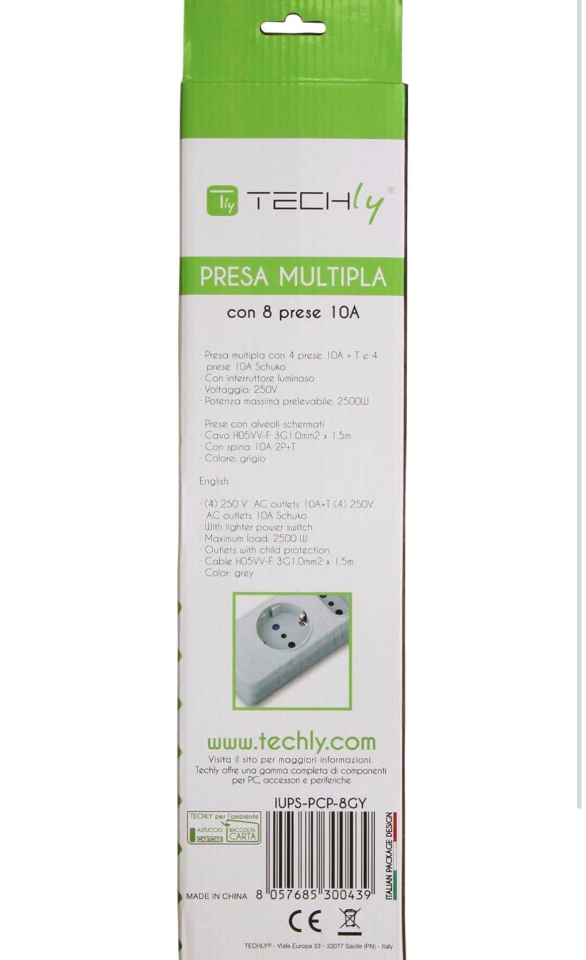 Techly 300439 Multipresa 8 Posti Italiana 10A / Schuko Grigio Grigio 9