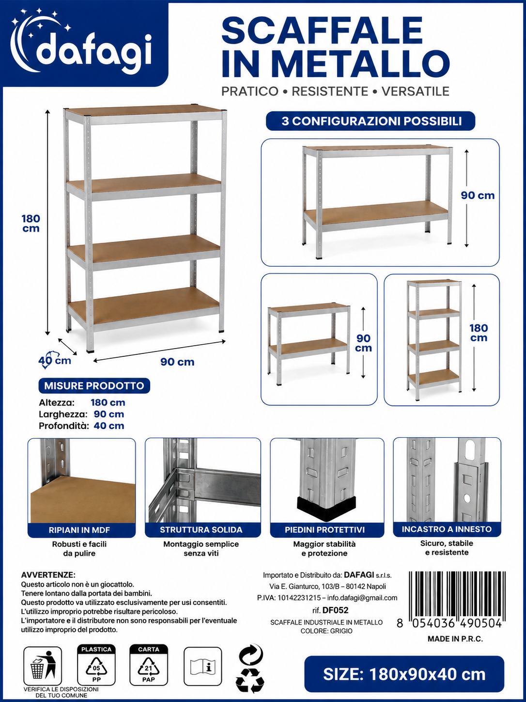 SCAFFALE IN METALLO 180x90x40 CM OLTRE 80KG PER RIPIANO 🚚 3