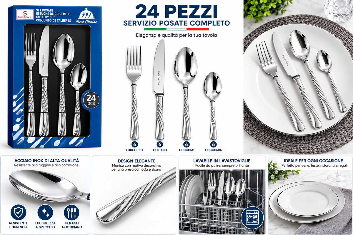 Servizio Posate 24 Pezzi in Acciaio Inox – Set Completo 6 Forchette, 6 Coltelli, 6 Cucchiai e 6 Cucchiaini, Finitura Dorata Elegante, Design con Manico Decorato 7