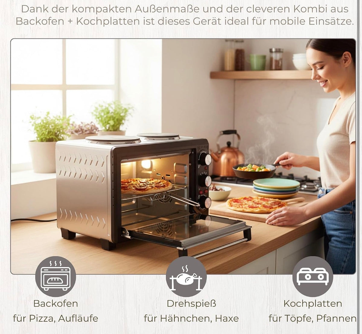 KUMTEL HLX-13560 Forno Elettrico da 40 Litri con Doppia Piastra Elettrica, Funzione Grill, Riscaldamento Superiore e Inferiore, Teglia e Griglia Inclusi