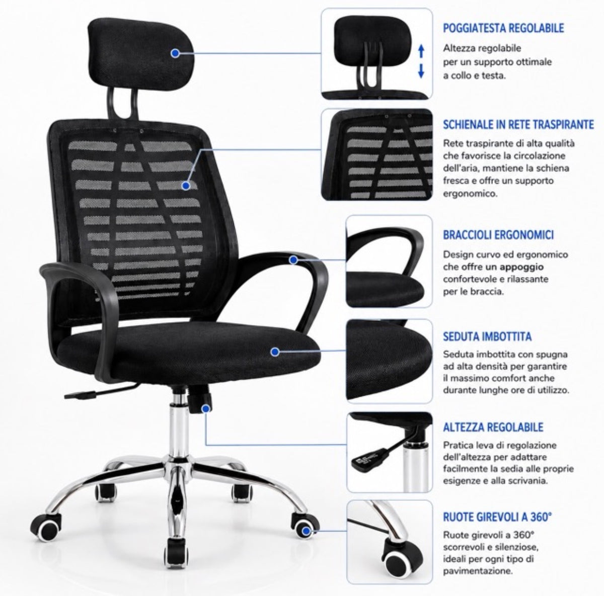 Sedia da Ufficio Ergonomica con Poggiatesta Regolabile Seduta Imbottita Poltrona 3