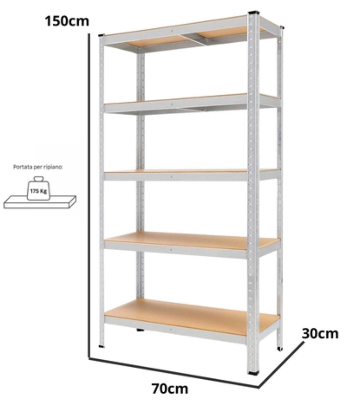 Scaffale Modulare - 5 Ripiani (Portata: 175Kg/Ripiano) 70x150