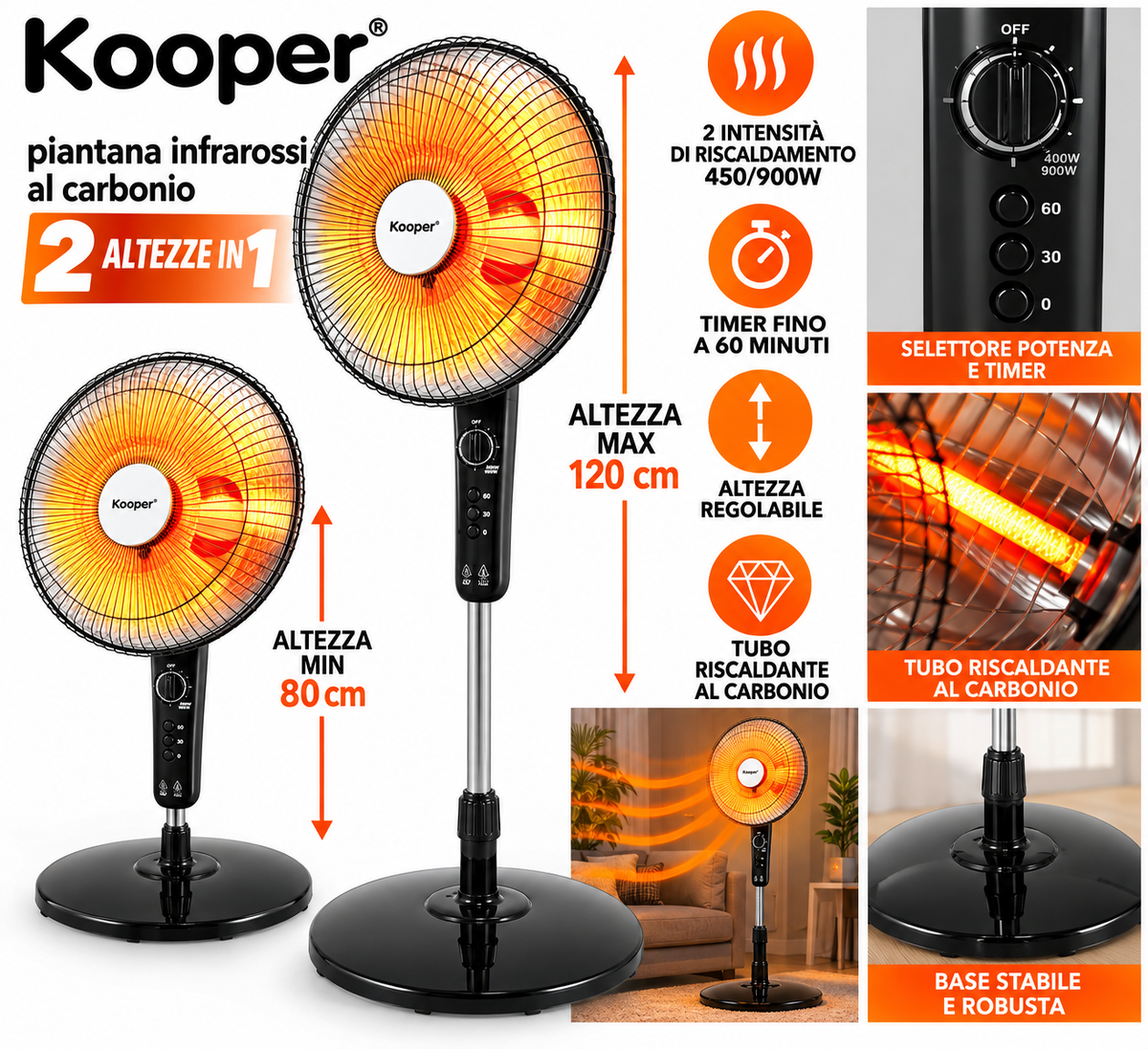 Kooper Piantana a Infrarossi al Carbonio 900W – Stufa Elettrica da Terra, 2 Altezze in 1, 2 Livelli di Riscaldamento 450/900W, Oscillante, Altezza Regolabile, Timer 60 Minuti 1
