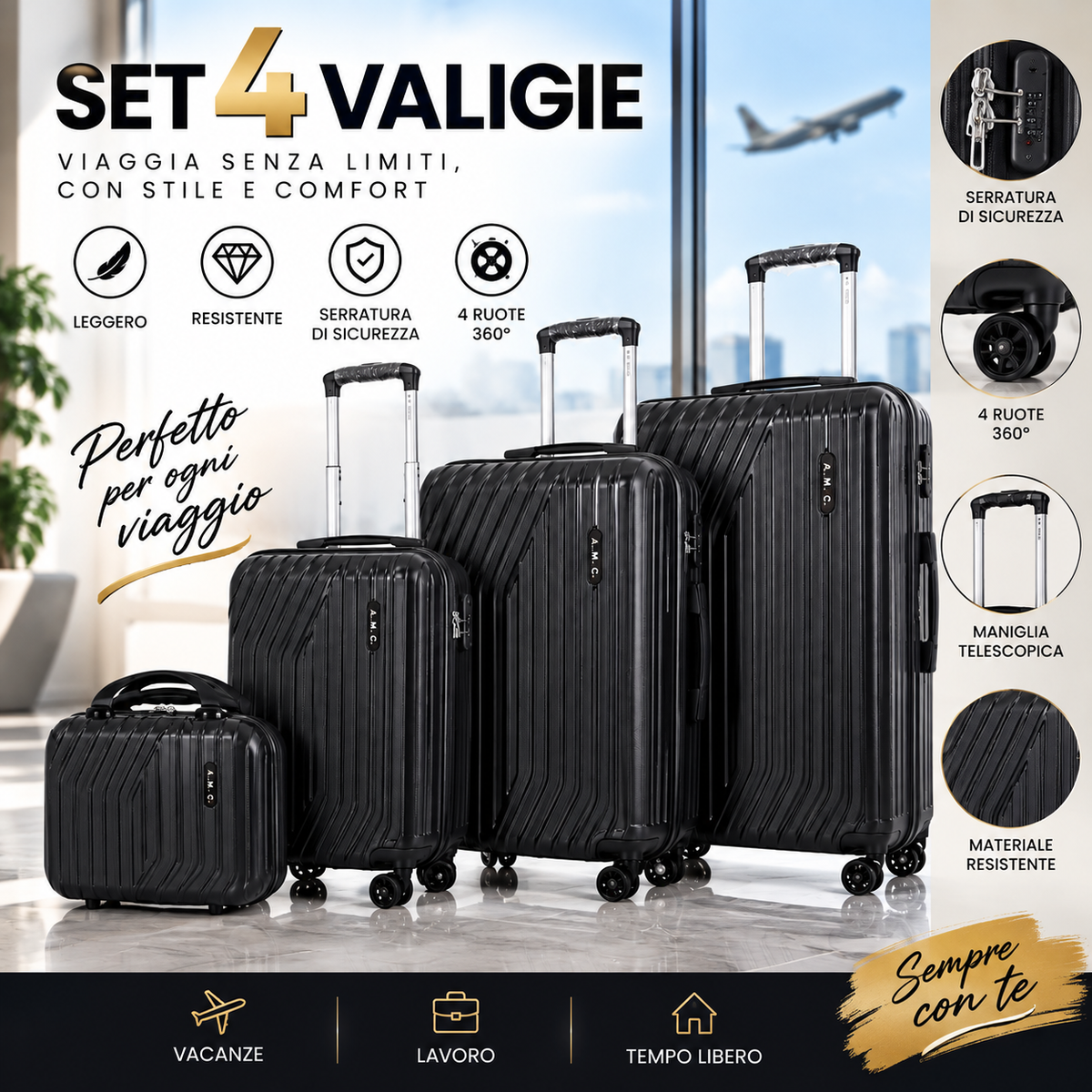Set 4 Valigie da Viaggio Rigide + Beauty Case Trolley 4 Ruote 360 con Chiusura 1