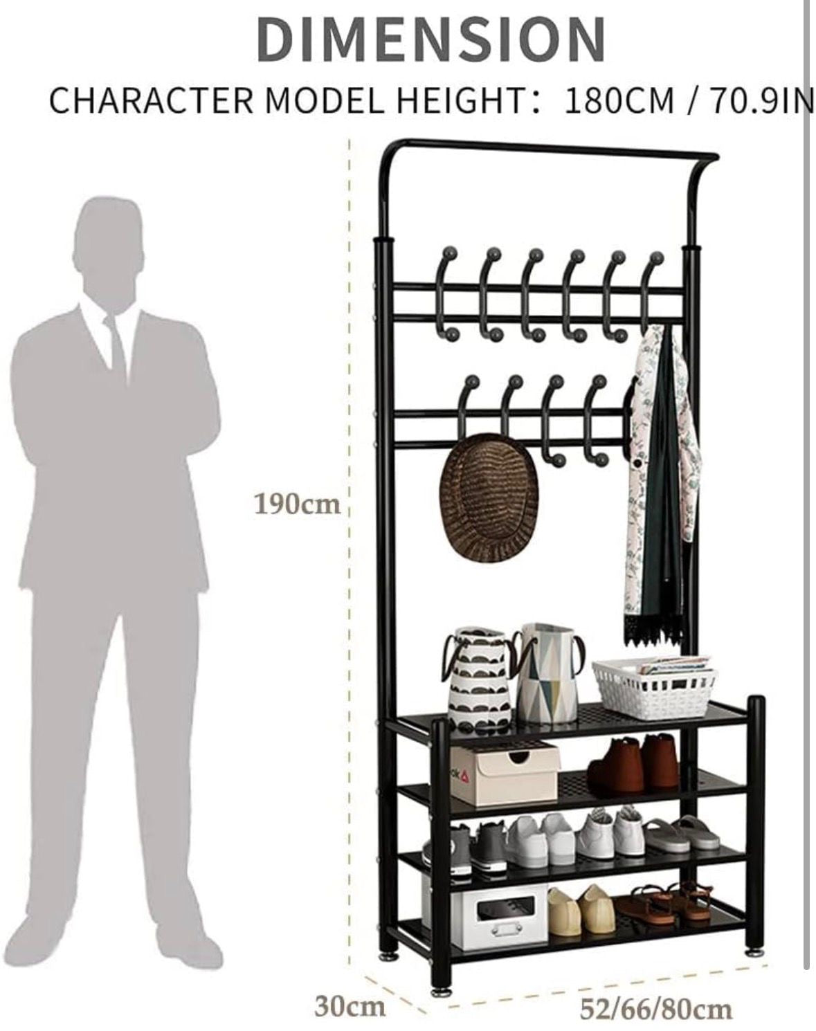 Appendiabiti, Appendiabiti Autoportante con Scarpiera a 4 Livelli e 12 Ganci, Organizzazione Di Vestiti e Scarpe Di Stoccaggio, per la Camera da Letto Del Corridoio Di Casa/a/66 * 30 * 190Cm