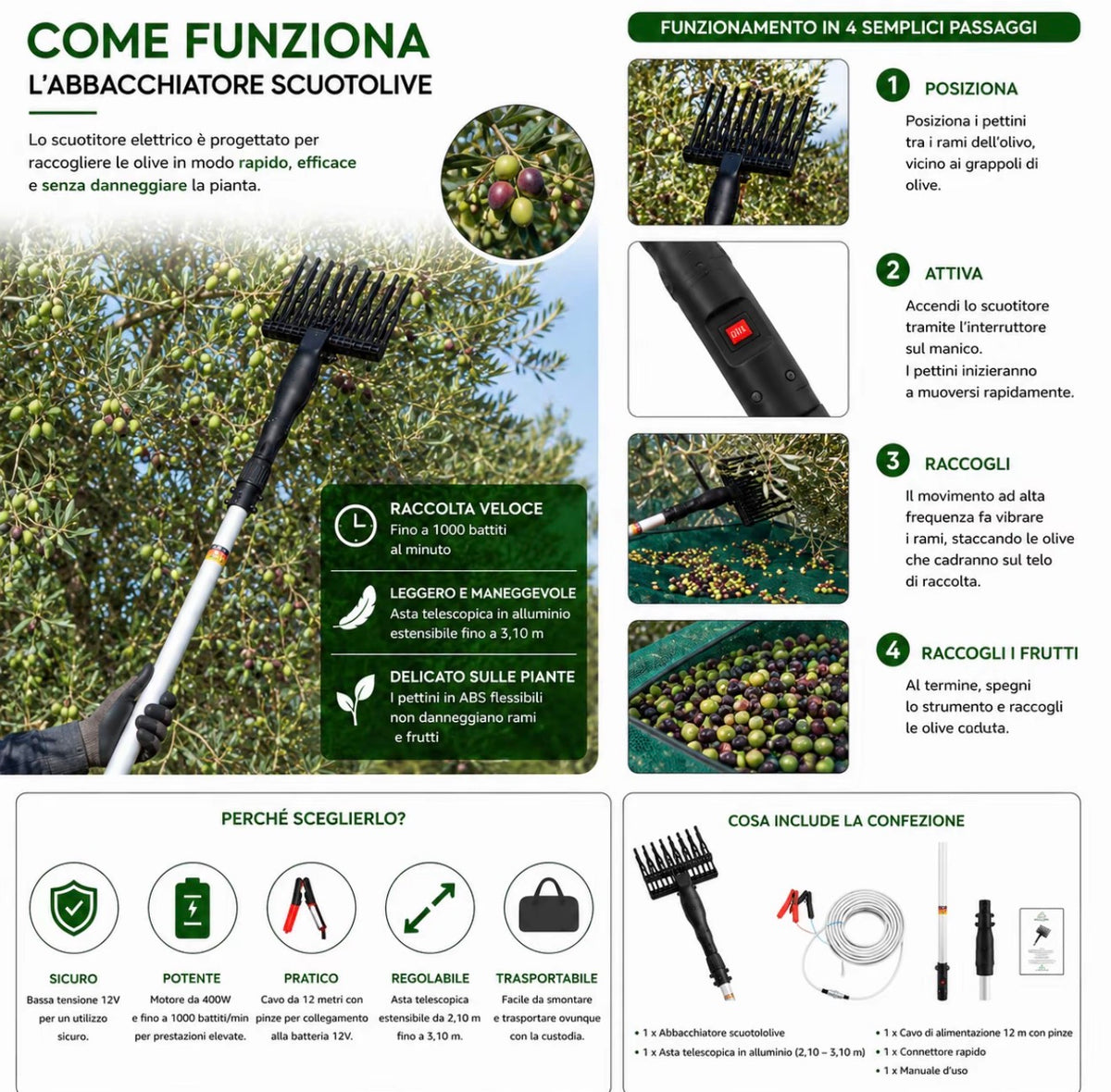 Abbacchiatore Elettrico Scuotolive 12V 400W, Fino a 1000 Battiti/Min, Asta Telescopica in Alluminio 2,10–3,10 m, Pettini in ABS, Cavo 12 m con Pinze, Raccoglitore per Olive e Frutta