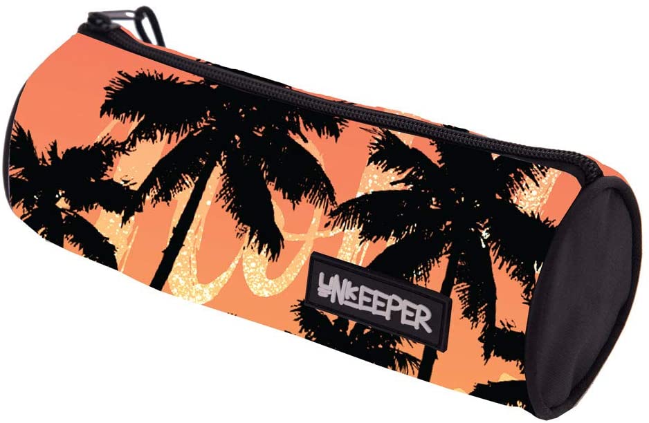 Astuccio Round Tropical Palm – Portapenne Cilindrico con Chiusura Zip – Custodia Multiuso per Scuola, Ufficio e Tempo Libero – Design Tropicale Arancione e Nero 2