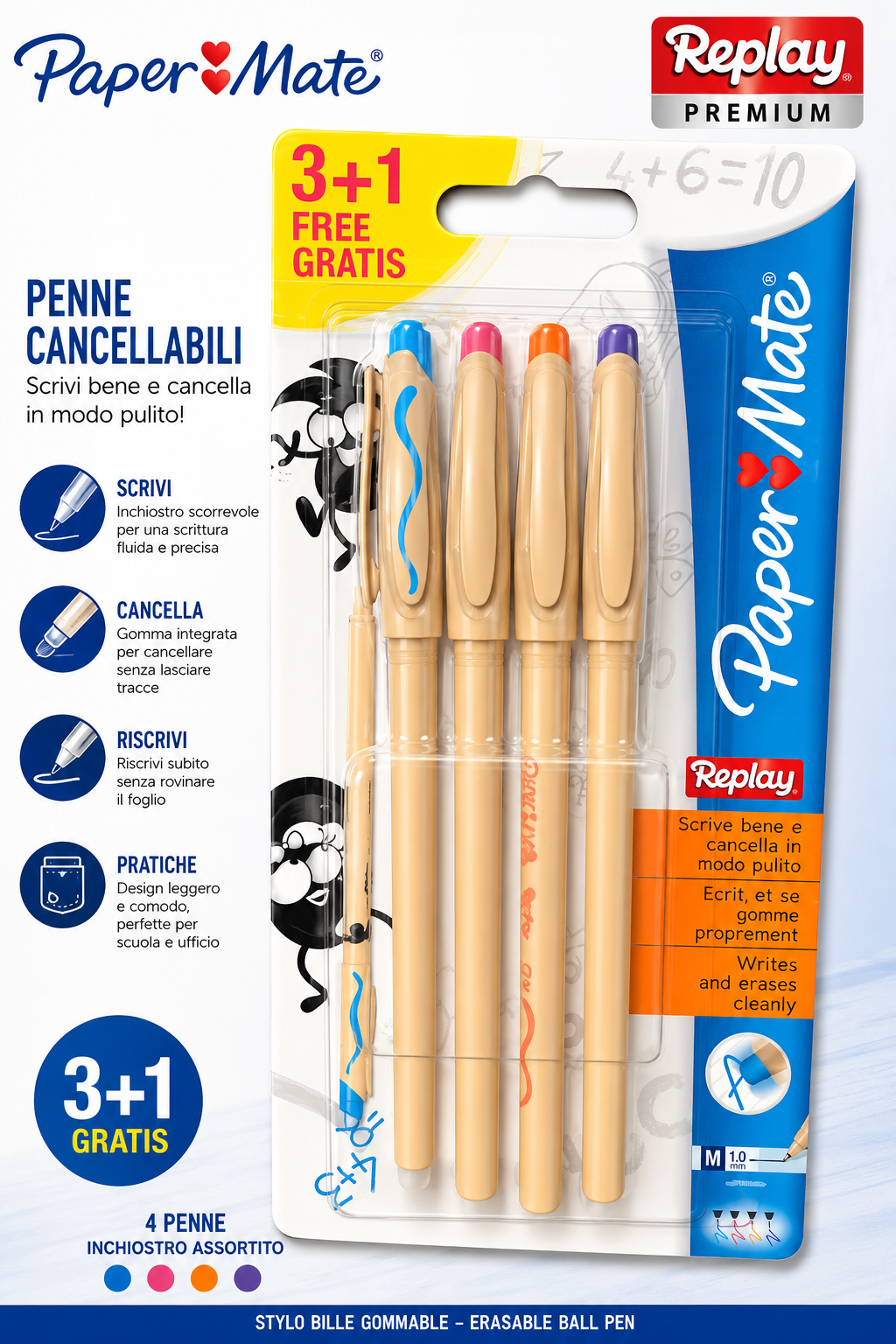 Paper Mate Replay Premium Penne Cancellabili 3+1 Gratis, Confezione da 4 Penne a Sfera Cancellabili, Inchiostro Assortito, Punta Media 1,0 mm 1