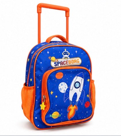 Zaino Trolley Bambini Spaceborg con Ruote – Zaino Scuola con Manico Estraibile Regolabile, Spallacci Imbottiti, Tasche Laterali in Rete e Ampio Scomparto – Blu e Arancione 3