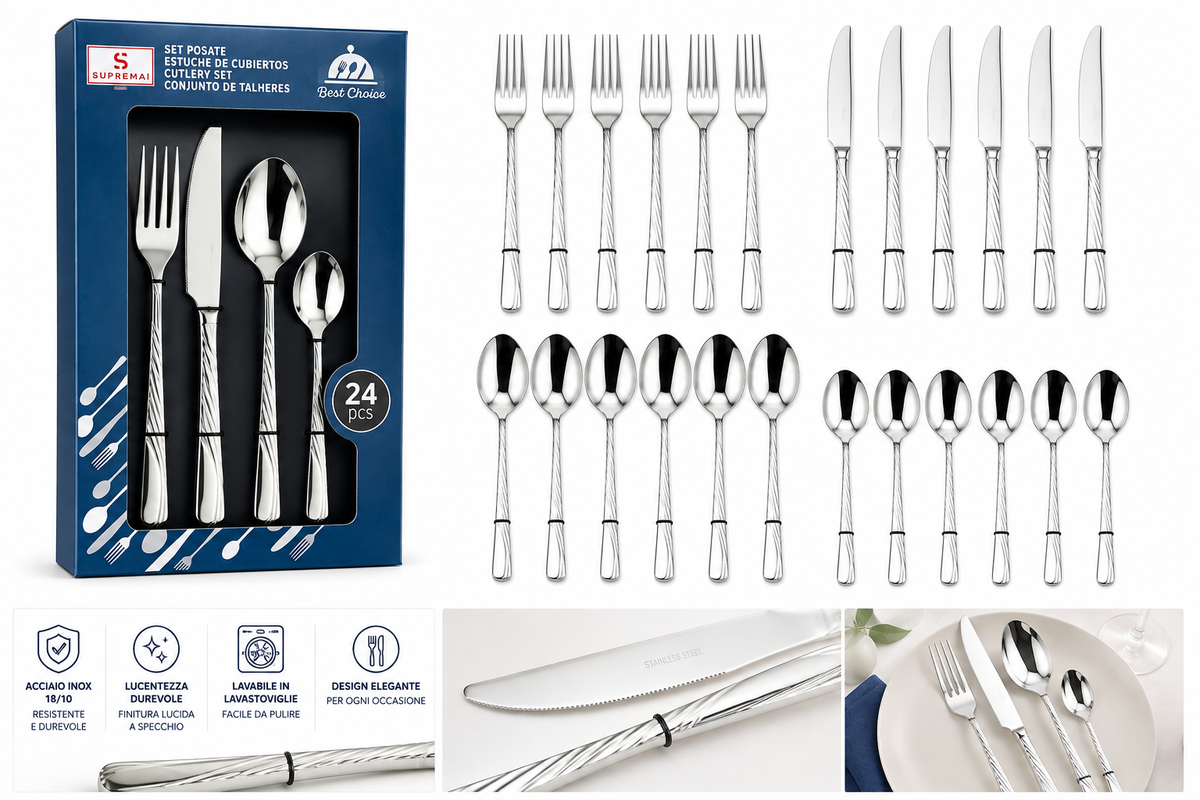 Servizio Posate 24 Pezzi in Acciaio Inox – Set Completo 6 Forchette, 6 Coltelli, 6 Cucchiai e 6 Cucchiaini, Finitura Dorata Elegante, Design con Manico Decorato 8