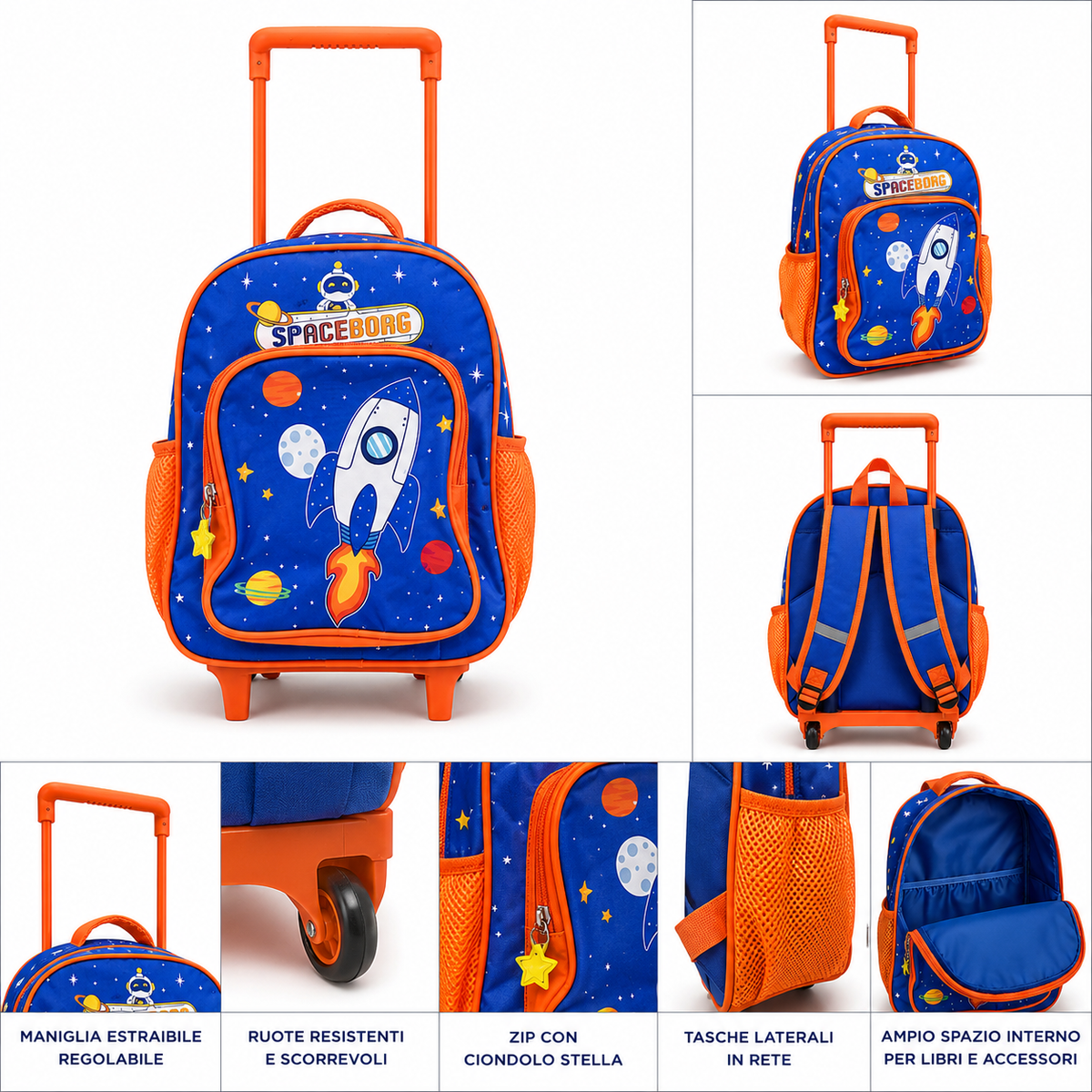 Zaino Trolley Bambini Spaceborg con Ruote – Zaino Scuola con Manico Estraibile Regolabile, Spallacci Imbottiti, Tasche Laterali in Rete e Ampio Scomparto – Blu e Arancione