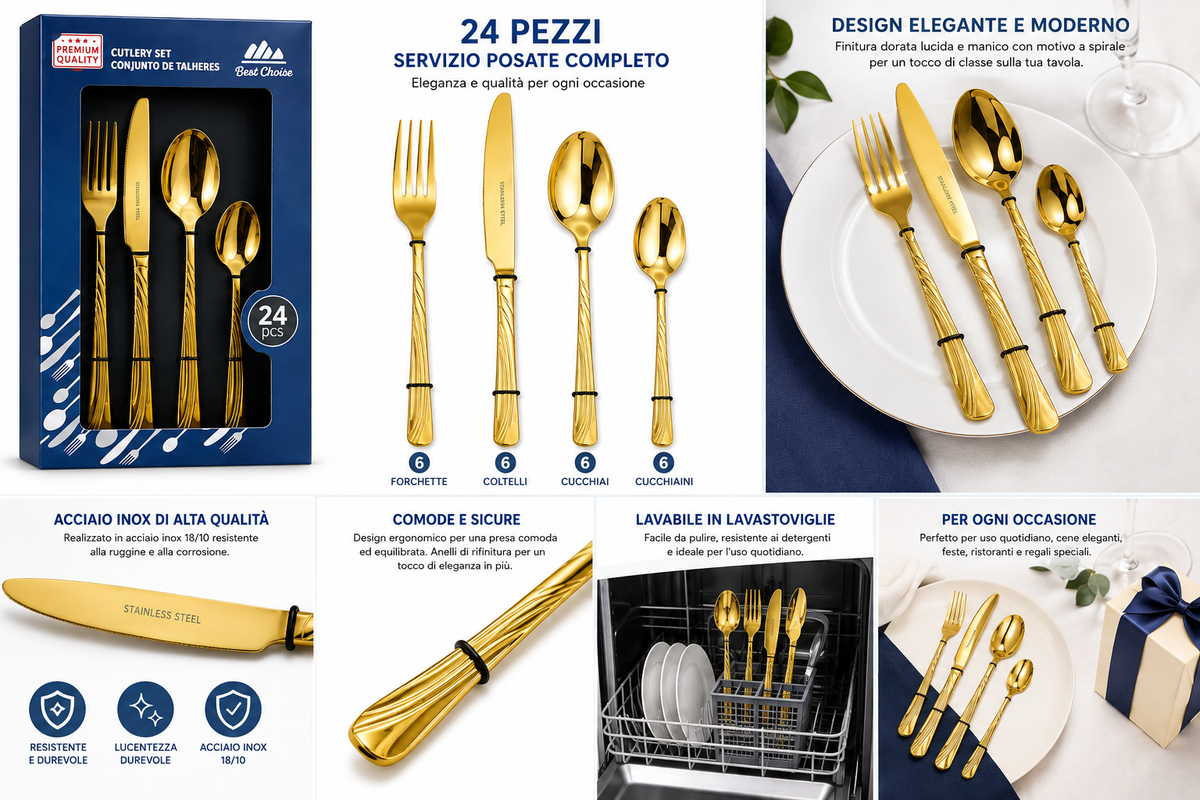 Servizio Posate 24 Pezzi in Acciaio Inox – Set Completo 6 Forchette, 6 Coltelli, 6 Cucchiai e 6 Cucchiaini, Finitura Dorata Elegante, Design con Manico Decorato 5