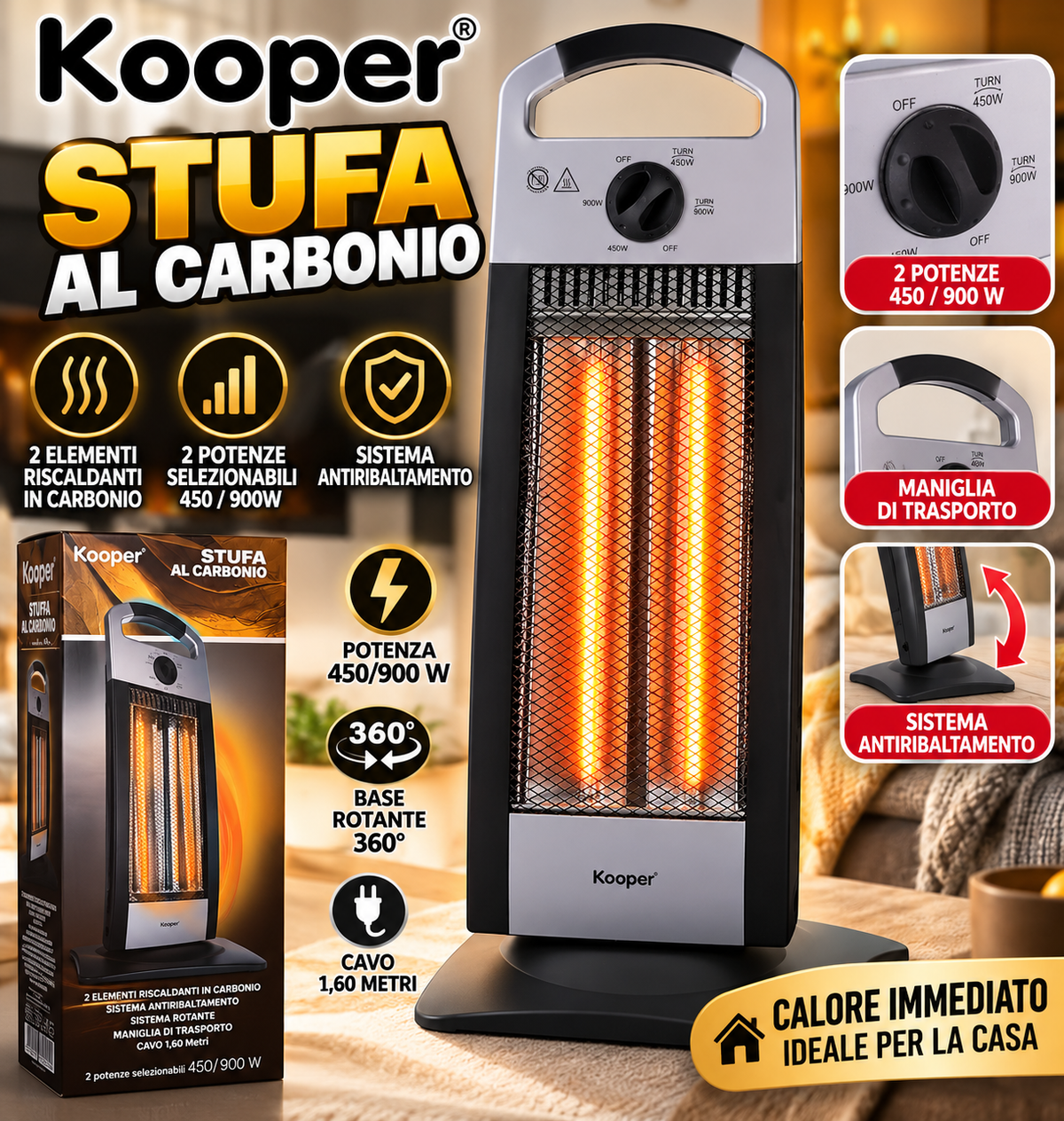 Stufa al carbonio 2 elementi riscaldanti, Kooper 1