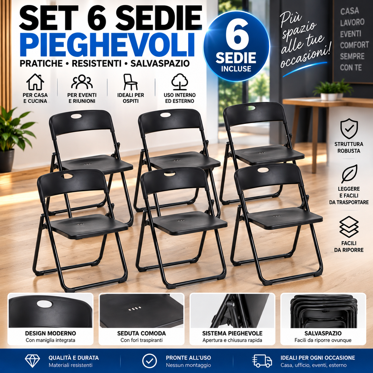 Set 6 Sedie Pieghevoli Nere Salvaspazio – Sedie Richiudibili Resistenti per Casa, Ufficio, Eventi e Feste 1