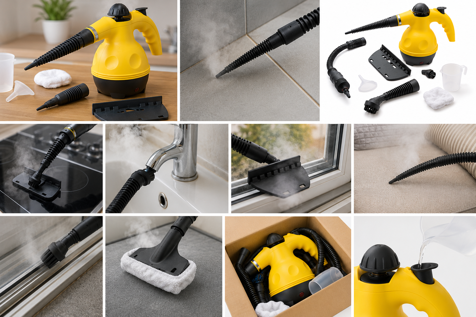 Pulitore a vapore portatile da 1000W giallo potente e compatto ideale per pulire a fondo superfici diverse facile da usare e trasportare 3