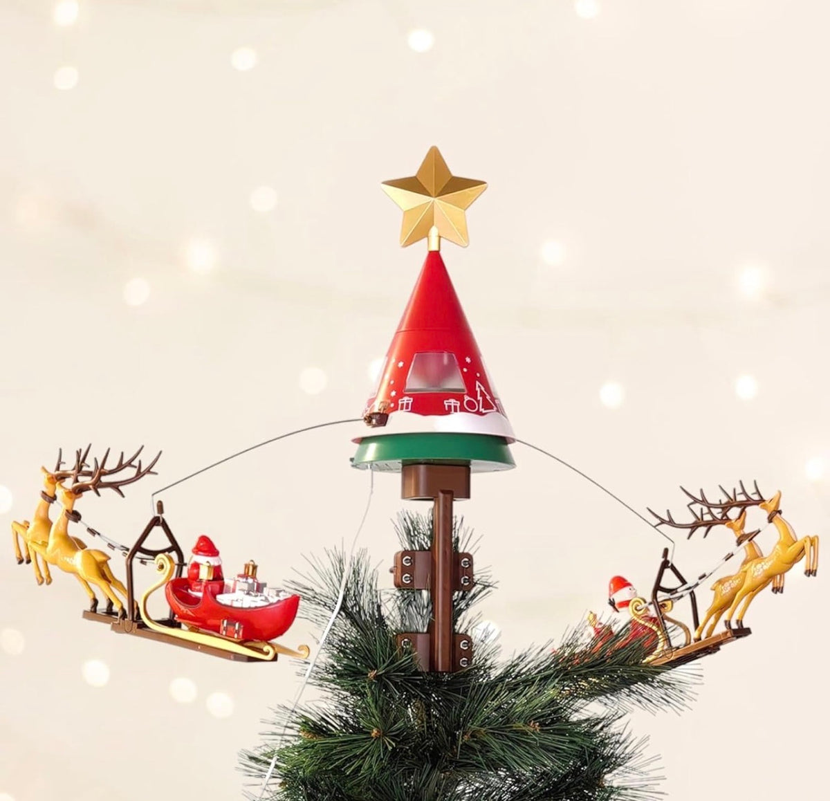 Puntale Rotante per Albero di Natale con Stella e Slitta di Babbo Natale con MOVIMENTO 65 cm Giostrina Natalizia Puntale con LUCI LED Fuori Porta Coccarda Ghirlanda addobbo Dorato Metallizzato 16 cm 3