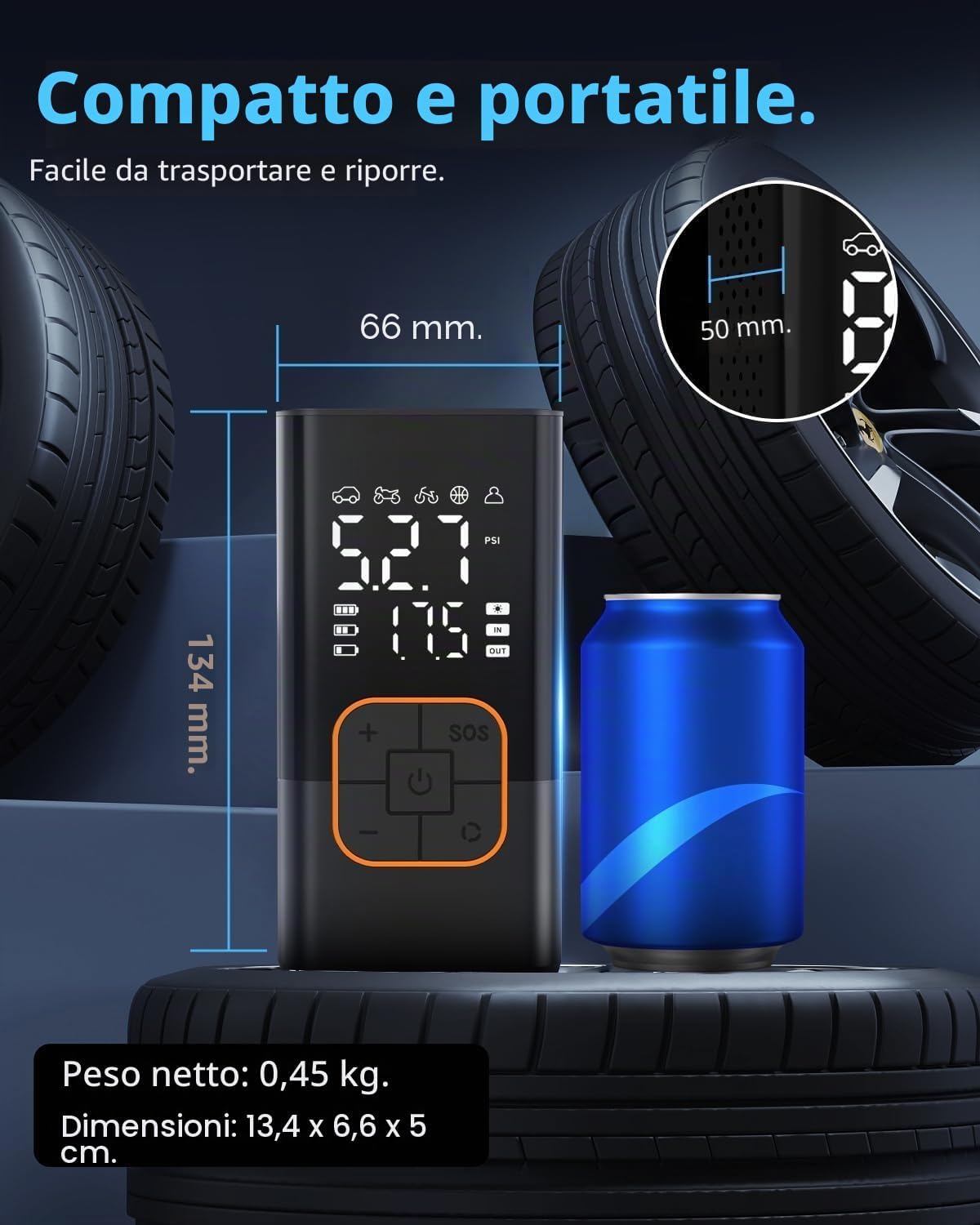 Compressore Aria Portatile 150 PSI, Mini Compressore Elettrico | Pompa Portatile con Schermo Digitale e Torcia LED, Manometro, Ricaricabile, per Auto, Moto, Bicicletta, Palla 3
